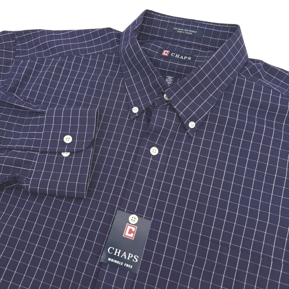 Chaps Dress Shirt Mens XL Navy Blue Grid Wrinkle Free Long Sleeve Classic NEW